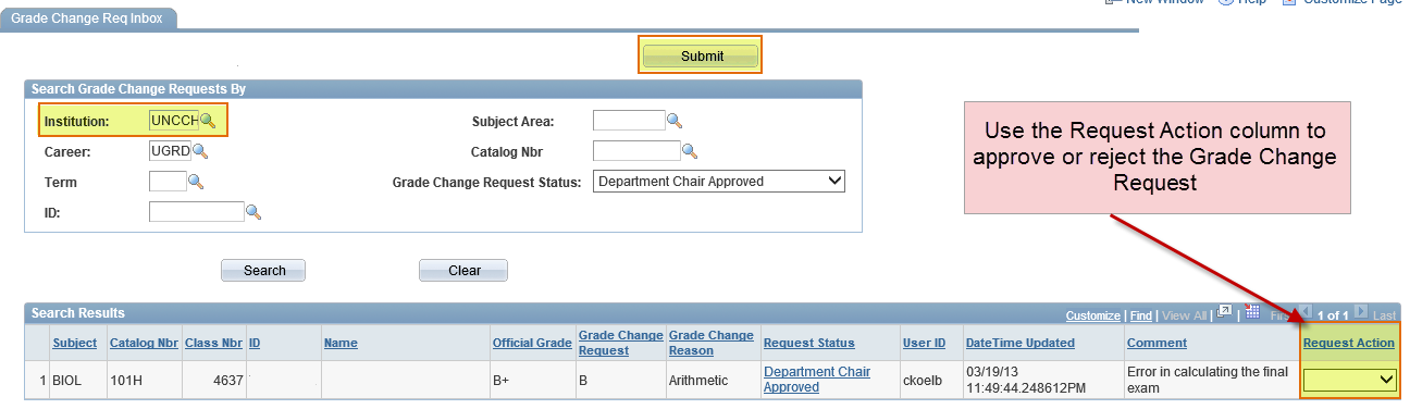 All initiated Grade Change Requests matching the search criteria will display.